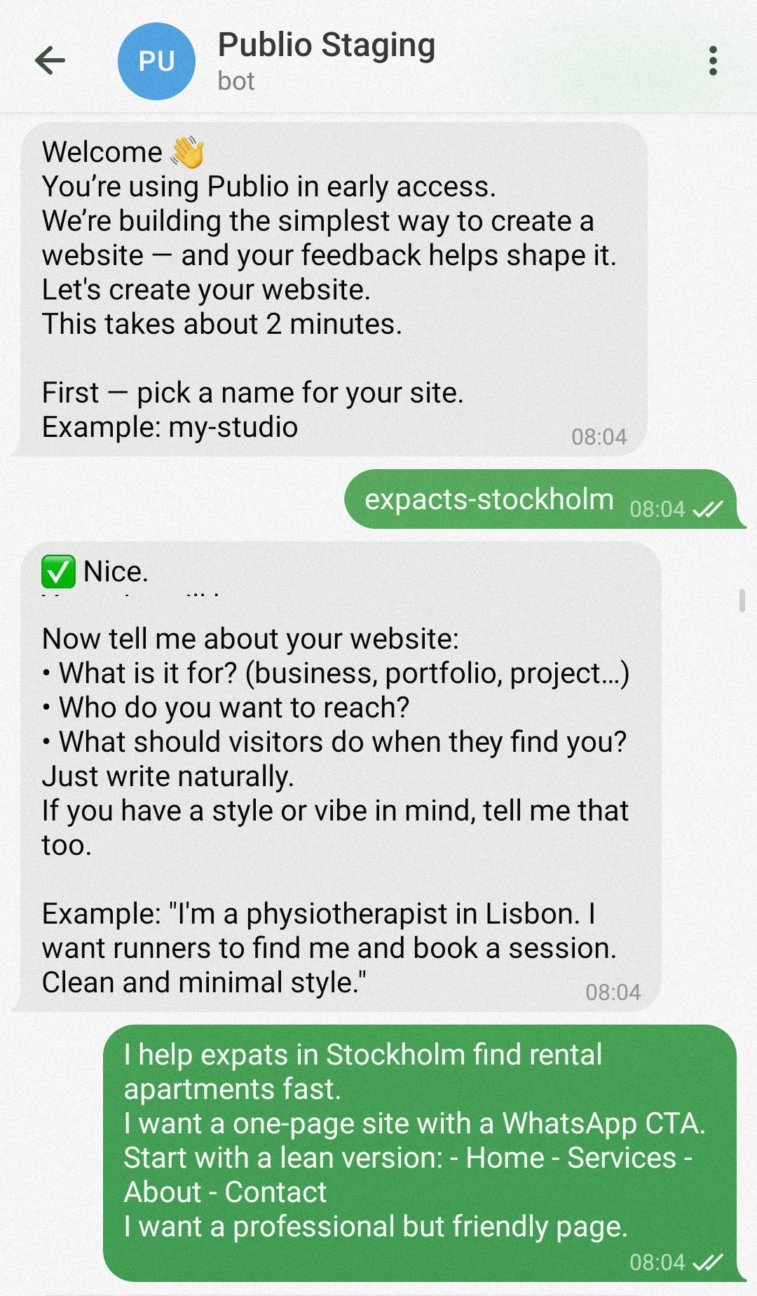 Publio Telegram chat demo — create your website in conversation